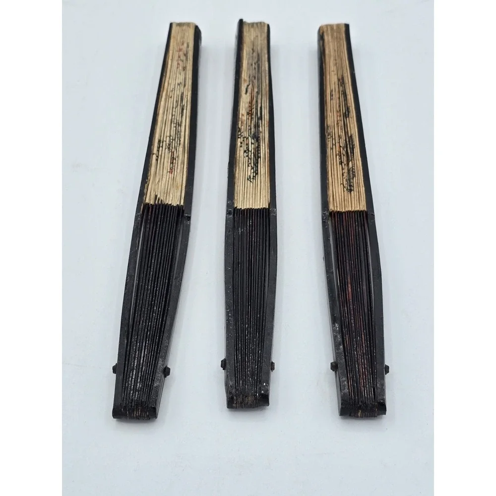 3 Lot Matching VTG Chinese Folding‎ Hand Fans Handmade Painted Rice/Bamboo Paper - Picture 12 of 16